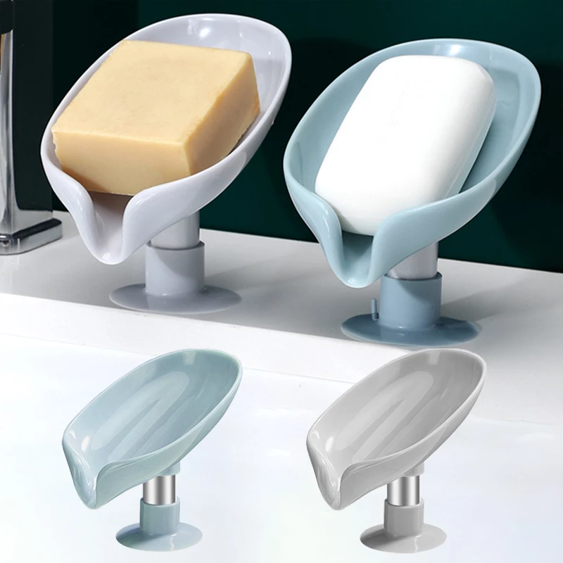 Leaf Shaped Soap Dish Holder Bathroom Nonslip Storage Holder Tray Soap Container Suction Cup Soap Dish Kitchen Sponge Drain Rack