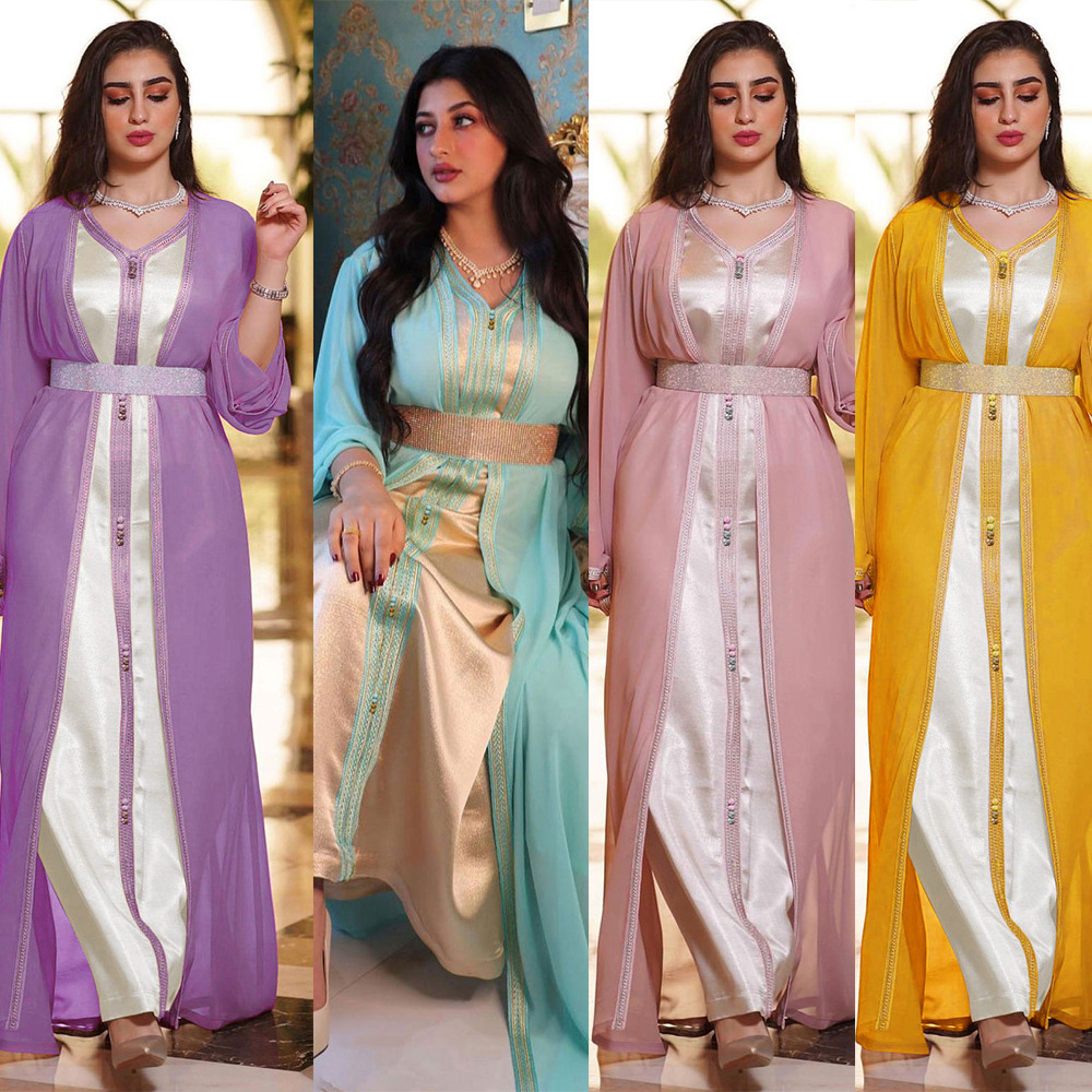 Abaya Woman Dubai  Evening Dresses 2 Pieces Muslim Sets Clothes Long Robe Turkey Caftan Marocain Shiny Diamond Yellow Pink