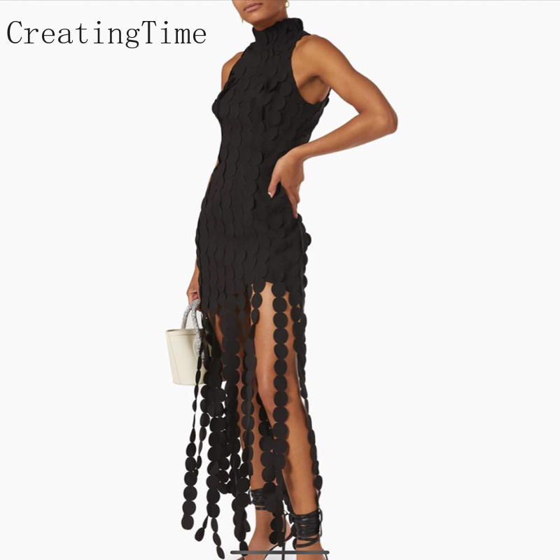 Irregular Hem Patchwork Tassel Asymmetrical Dress For Women  Summer Autumn Sleeveless Slim High Waist Dresses LH581