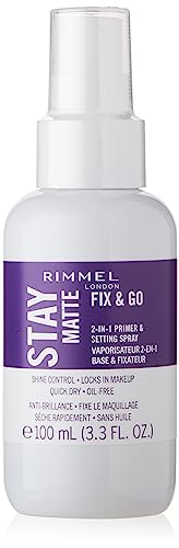 Rimmel London Stay Matte Fix & Go - 001 Transparent - 2-in-1 Primer & Setting Spray, Oil-Free, Locks Makeup into Place, Soothes Skin, 3.3 oz