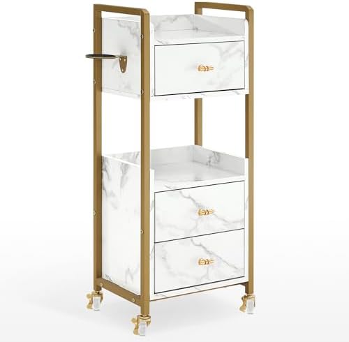 BarberPub Salon Cart Barber Trolley with Lockable Wheels, Acetone Resistant Storage Cart with 1 Hair Dryer Holder, Rolling Tattoo Cart with Drawers, Makeup Organizer Beauty Equipment 2478 (White)