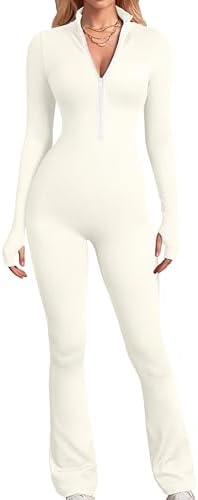 OQQ Women's Yoga Jumpsuits Ribbed Long Sleeve Zip Front Sport Bell Bottoms Flare Jumpsuits