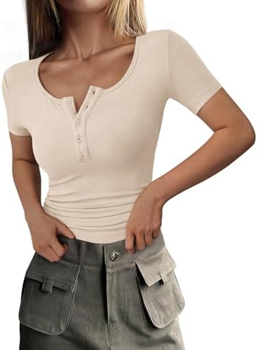 PRETTYGARDEN Women's 2025 Summer Short Sleeve Tops Ribbed Knit Henley Button Up Slim Fit Basic Casual T Shirts Blouse